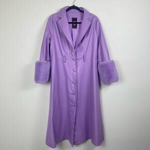 Purple faux leather trench coat with fur puff sleeves size M